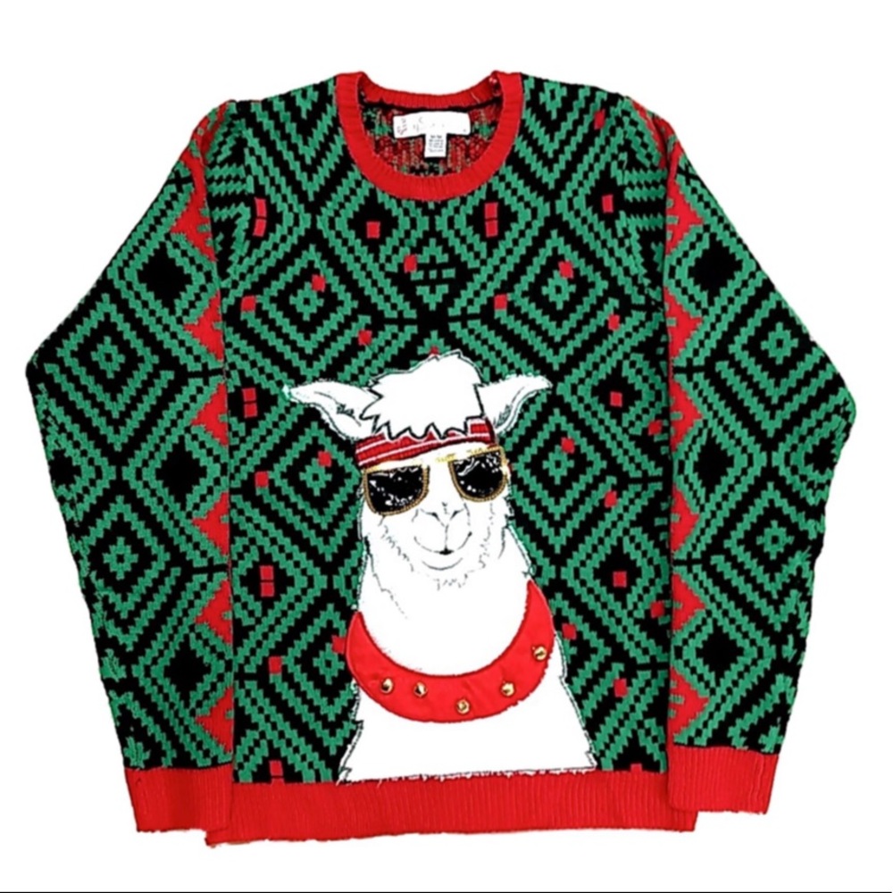 Llama Patterned Sweater - Red and Green